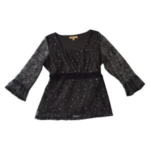 Notations Black Sheer Lace Top w Velvet Waist Tie Sparkle